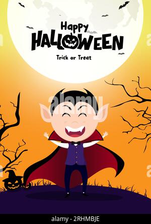 Happy halloween text vector design. Halloween dracula and vampire character in full moon scary creepy night concept. Vector illustration invitation Stock Vector