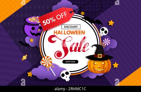 Halloween sale text vector banner design. Halloween shopping discount flyers in circle space for holiday promo advertisement template. Vector Stock Vector