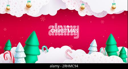 Merry christmas text vector design. Christmas greeting card with paper cut clouds, pine tree, candy cane and fir tree elements decoration. Vector Stock Vector