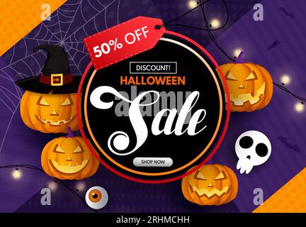 Halloween sale text vector template design. Halloween pumpkins characters with discount promo offer in abstract background. Vector illustration Stock Vector