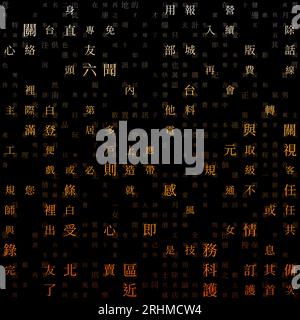 Letters matrix background. Random characters of Chinese traditional alphabet. Gradiented matrix pattern. Orange color theme backgrounds. Stock Vector