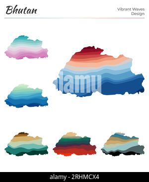 Set of vector maps of Bhutan. Vibrant waves design. Bright map of country in geometric smooth curves style. Multicolored Bhutan map for your design. Stock Vector
