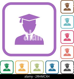 Graduate avatar simple icons in color rounded square frames on white background Stock Vector