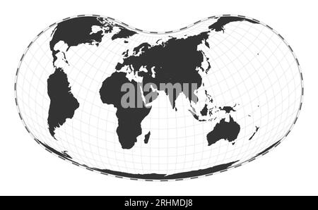 Vector world map. Hill eucyclic projection. Plain world geographical map with latitude and longitude lines. Centered to 60deg W longitude. Vector illu Stock Vector