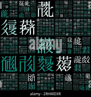 Abstract background. Design using random characters of old Tangut alphabet. Gradiented matrix pattern. Teal color theme background. Stock Vector