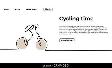 Cycling time one line drawing landing page template. Continuous hand drawn minimalist people ride a bike, minimalism vector illustration, sport theme Stock Vector