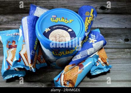 Cairo, Egypt, August 8 2023: Kimo Kono Nestle vanilla ice cream cone ...