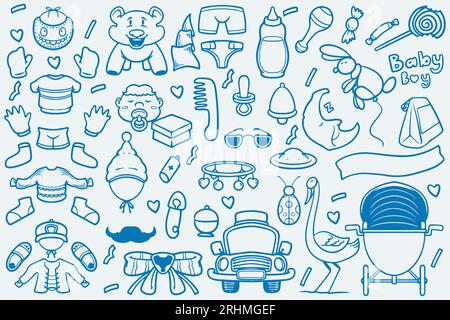 Set of blue doodle element new baby born drawing on white background. Stock Vector