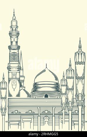 Hand drawing famous islamic building of nabawi mosque. Stock Vector