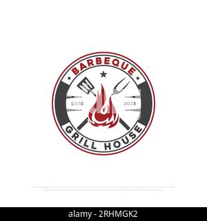 Hot grill barbecue logo design badge, retro grill house and bar icon vector illustrations emblem template Stock Vector