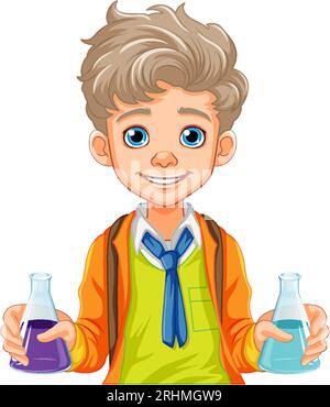 Male student cartoon holding conical flask on science class experiment illustration Stock Vector