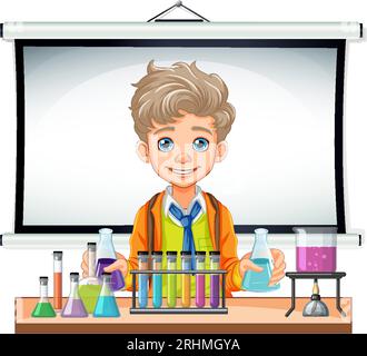 Male student cartoon holding conical flask on science class experiment illustration Stock Vector