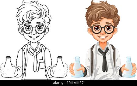 Male student cartoon holding conical flask on science class experiment illustration Stock Vector