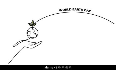 World earth day banner, hand holding earth with plant. Continuous one line art drawing. Vector minimalist illustration design. Stock Vector
