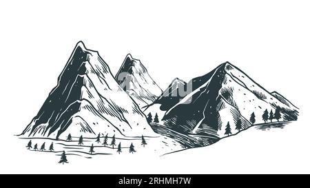 Mountain landscape Hand drawn vector illustration, sketch natural drawing vintage style Handdrawn rocky peaks monochrome colors. Stock Vector