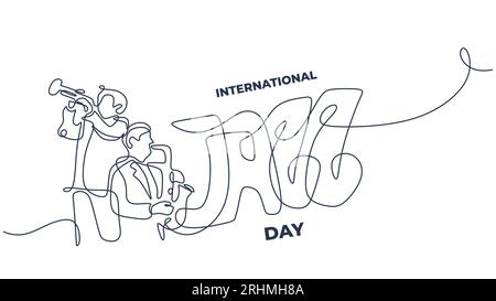 International jazz day, people blowing trumpet. Musician performing art. Continuous line drawing of music players. Stock Vector