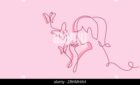 Womens day card vector. Woman with butterfly. Continuous one line drawing. Art design pink colors illustration. Minimalist elegant concept. Stock Vector