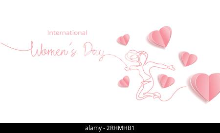 International womens day card. Woman jump with heart paper cut. Vector illustration continuous one line drawing with pink colors background. Stock Vector