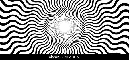 Optical illusion background. Black and white abstract wavy lines surface. Radial waves poster design. Hypnotic ornamental horizontal wallpaper. Vector op art illustration Stock Vector