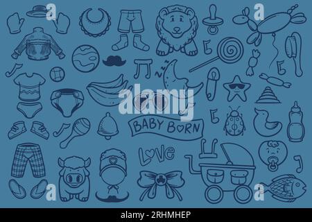 Set of doodle new baby born drawing isolated on blue background. Stock Vector