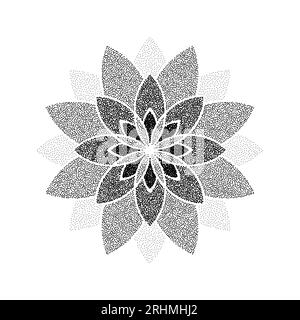 Stipple flower background. Dotted ornament mandala. Noise grain star shape. Abstract black floral petals decoration. Dotwork radial pattern design for tattoo, poster, clothes, badge, sticker. Vector Stock Vector
