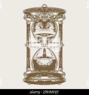 Hourglass engraving drawing, sandglass hand drawn vintage style vector illustration. Black isolated on white background Stock Vector