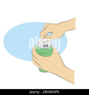 closeup hand opening green beer can illustration vector hand drawn isolated on white background Stock Vector