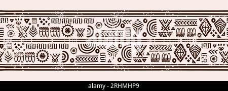 African doodle motifs pattern, Ancient texture drawing decorative horizontal relief adinkra. Fashion textile print vector illustration navajo style. Stock Vector