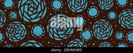 Circle hand drawing pattern, vector illustration ethnic blue on dark brown background, brush texture seamless handdrawn. Decorative rustic grunge, goo Stock Vector