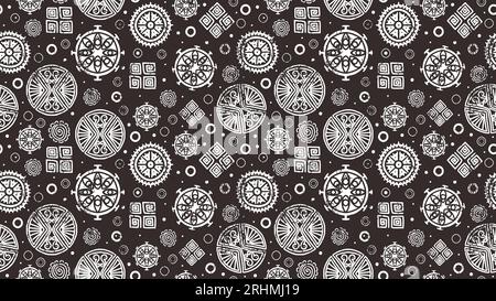 Ethnic drawing seamless pattern, vector illustration tribal african maya symbol. Circle pictogram decoration. Black and white background, good for fas Stock Vector