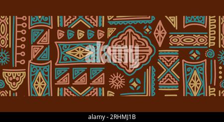 Seamless pattern african tribal motifs, ethnic background vector illustration. afro mexican border design. Aztec batik symbols. Brown colors with geom Stock Vector