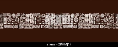 Horizontal motifs doodle seamless pattern, Ethnic drawing brown colors rug style. vector illustration. Hand drawing grunge rustic print design. Stock Vector