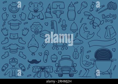 Set of doodle new baby born drawing isolated on blue background. Stock Vector