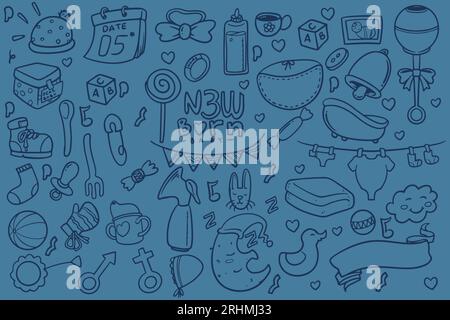 Set of doodle new baby born drawing isolated on blue background. Stock Vector