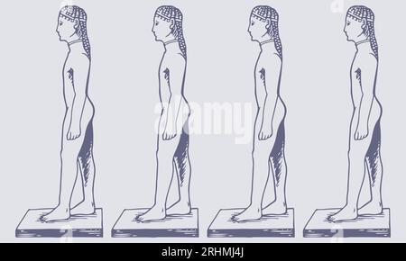 Hand-Drawn Black and White Kouros Vector Illustration - Ancient Greek Male Youth Sculpture Stock Vector