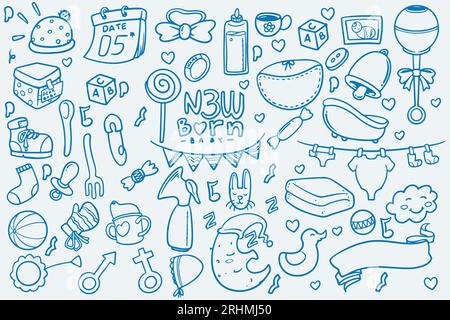 Set of blue doodle element new baby born drawing on white background. Stock Vector