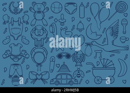 Set of doodle new baby born drawing isolated on blue background. Stock Vector