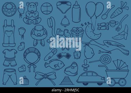 Set of doodle new baby born drawing isolated on blue background. Stock Vector