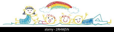 happy family kids drawing, flowers with rainbow Multicolored. Colorful symbols set hand drawn for kindergarten and school. Children pattern with natur Stock Vector