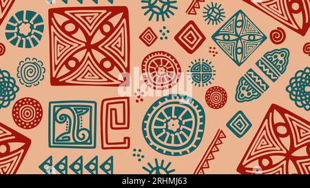 Hand drawn ornamental tribal seamless pattern, vector illustration aztec african drawing. Abstract symbols red and green pictogram decoration, good fo Stock Vector