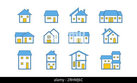 Modern Architecture Line Icons - Vector Illustration Set for Real Estate and Property Designs, House collection with blue and yellow colors Stock Vector