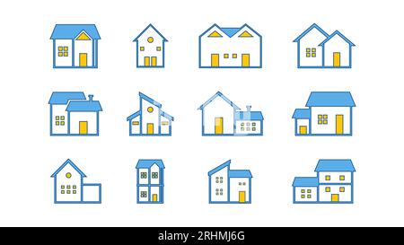 Modern Architecture Line Icons - Vector Illustration Set for Real Estate and Property Designs, House collection with blue and yellow colors Stock Vector