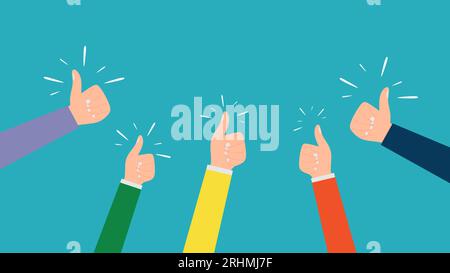 Six diversity hand thumb up isolated on blue background. Stock Vector