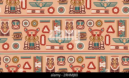 African doodle seamless pattern, boho colors background. Relief motifs with pig drawing. Stock Vector