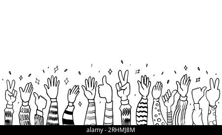 hand drawing of hands up, clapping ovation. applause, thumbs up and peace gesture on doodle handdrawn style , vector illustration, cartoon black white Stock Vector