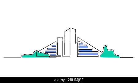 Hand drawing one continuous single line of modern city building isolated on white background. Stock Vector