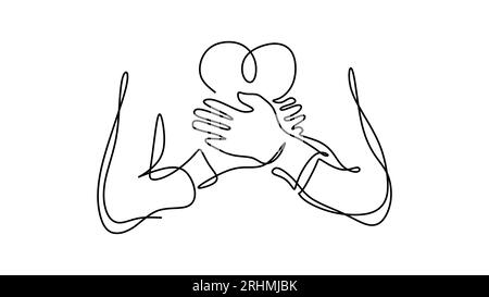 Hand woman holding heart on chest. Continuous one line drawing donation, friendship, and giving support. Minimalist care family gift theme. Stock Vector