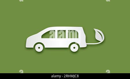 Eco car vector paper cut style. Vehicle with electric connecting leaf. Art craft Technology modern origami design. Background concept for greeting car Stock Vector