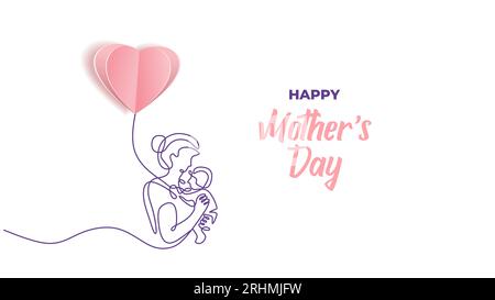 Mothers day card vector. Continuous one line drawing. Mother holding her baby with heart love balloon. Contour hand drawn illustration pink colors. Stock Vector
