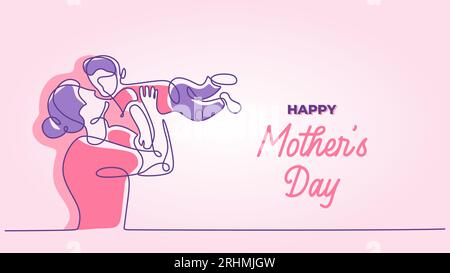 Continuous line drawing mothers day vector banner card. Mother with baby in happy moment. Celebration design pink colors background. Stock Vector